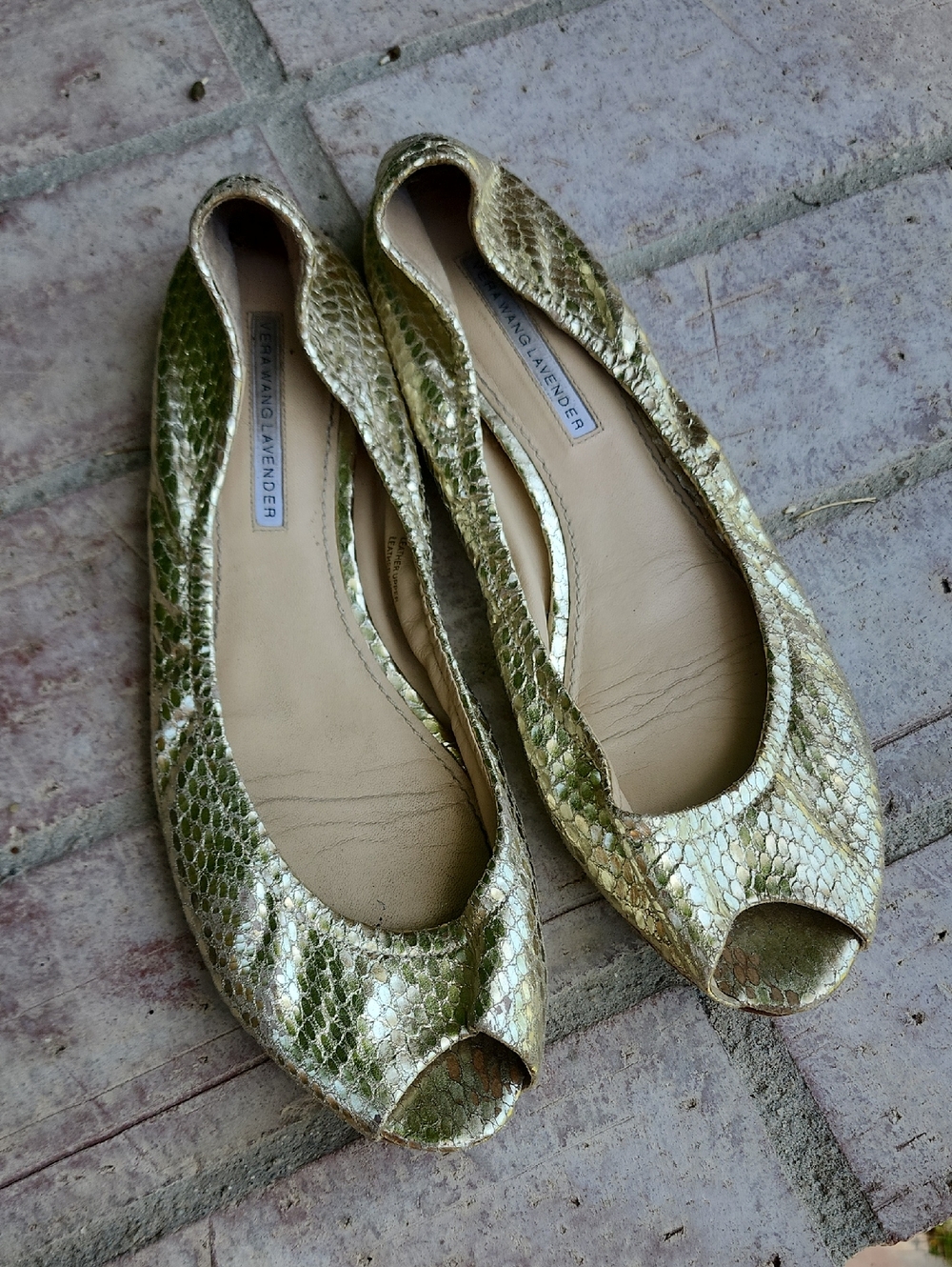 Vera Wang Lavender Label Gold-Green Snake-Print Peep Toe Flats